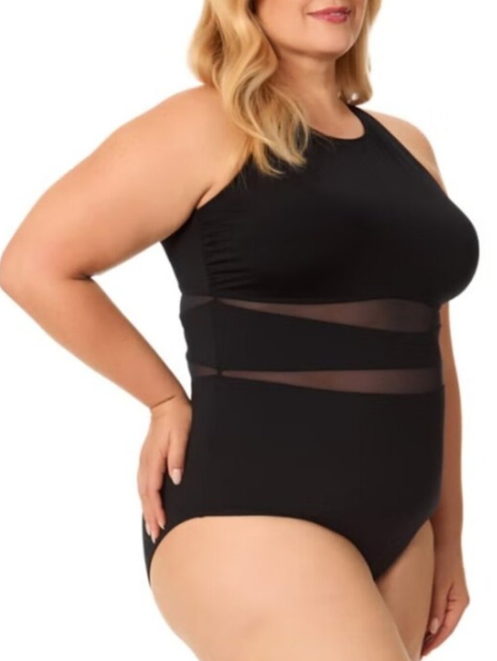 Lands' End Black High Neck One-Piece Swimsuit with Sheer Waist Panels Size Xl - Picture 3 of 5